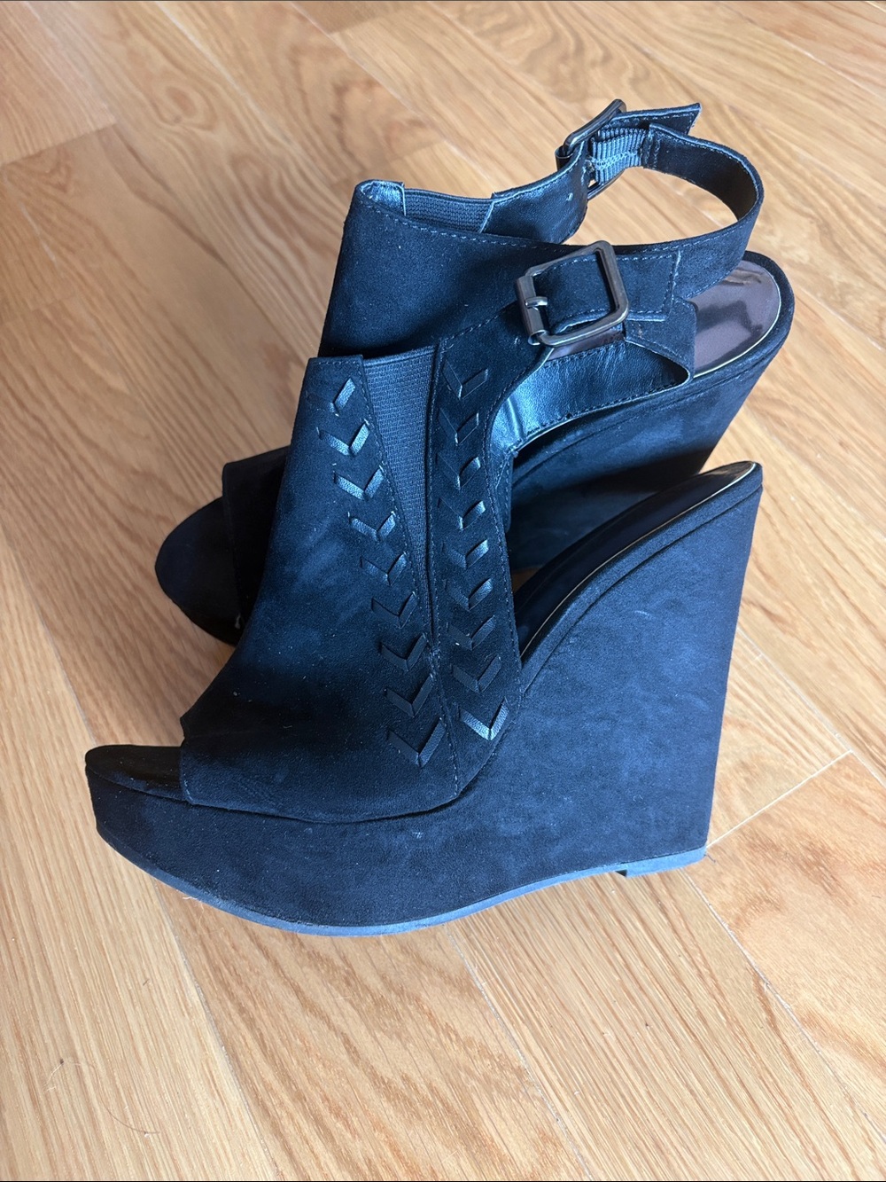 Carlos by Carlos Santana Black Suede Peep-Toe Wedge Sandals